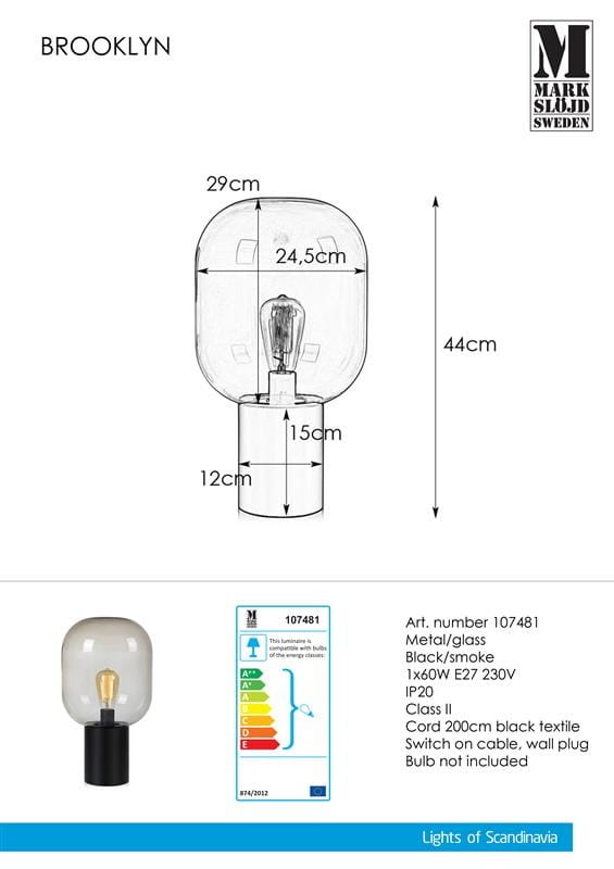 Lampa stołowa Brooklyn o wysokości 44 cm i średnicy klosza 29 cm. Klosz w kolorze przydymionym, wykonany z szkła, osadzony na czarnej metalowej podstawie. Kabel o długości 200 cm z włącznikiem. Żarówka E27 nie jest dołączona.