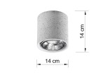 Lampa sufitowa 1-punktowa Cullo w kolorze betonowym, o cylindrycznym kształcie. Wymiary: 14 cm wysokości i średnicy. Zainstalowana z wbudowanym źródłem światła, widoczna tekstura betonu. Ujęcie frontalne na białym tle.