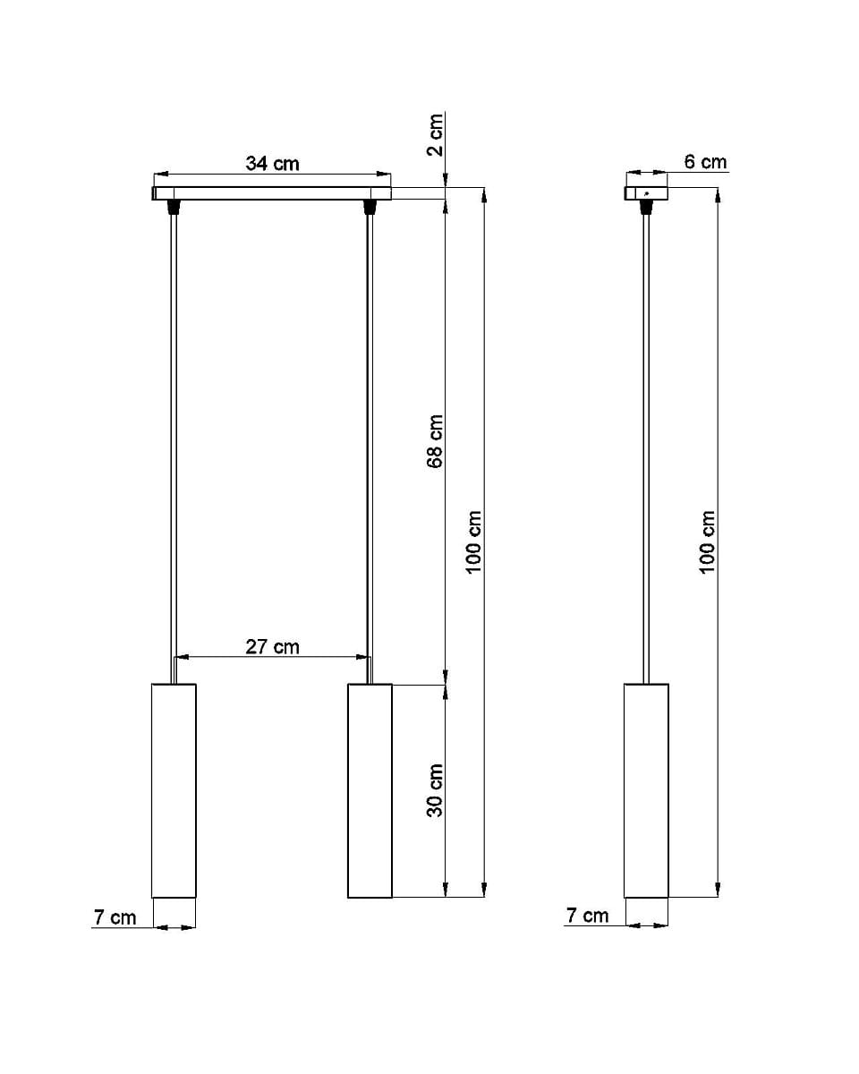 Luvo lampa wisząca 2-punktowa SL.0654 w minimalistycznym stylu, z prostokątną, białą podstawą o wymiarach 34 cm x 6 cm. Dwa cienkie, regulowane przewody o długości do 100 cm. Wysokość podstawy 30 cm, szerokość 7 cm. Idealna do nowoczesnych wnętrz.