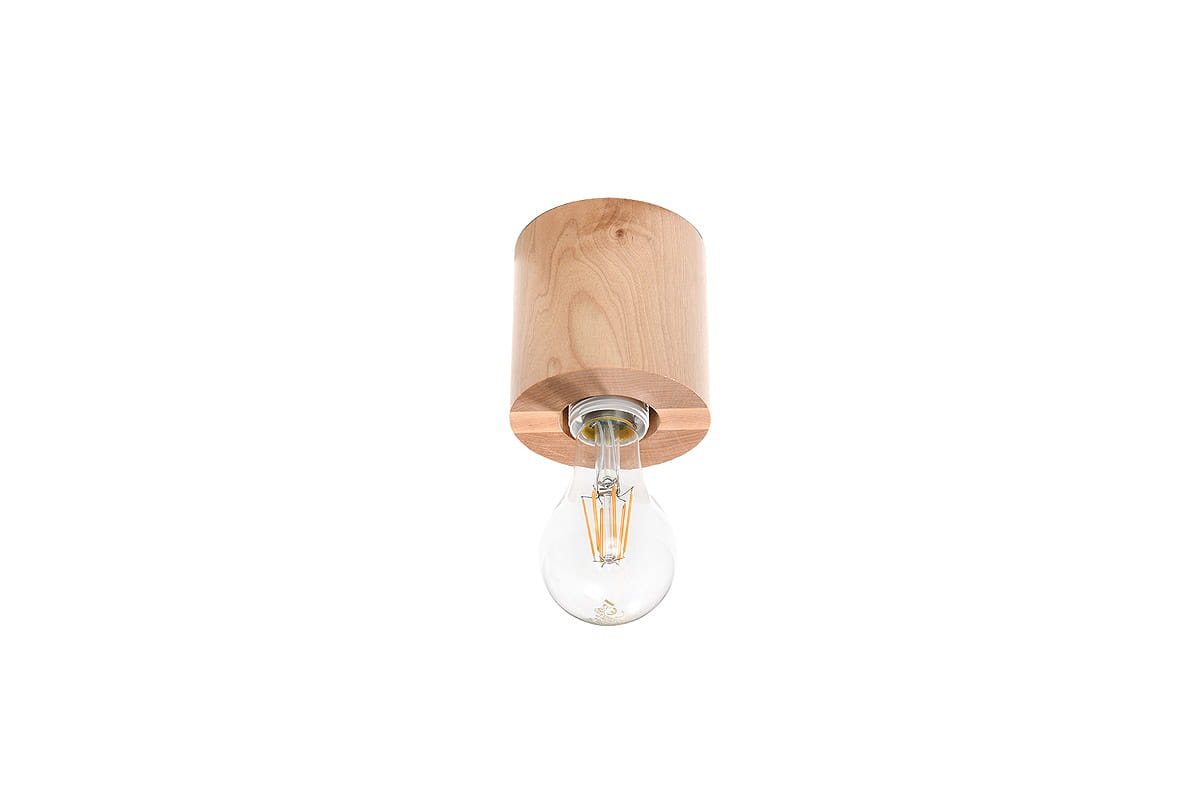 Lampa sufitowa 1-punktowa Salgado z drewna w kolorze jasnego klonu. Posiada cylindryczny klosz zamontowany na okrągłej podstawie z widoczną żarówką. Ujęcie frontalne, produkt wiszący.