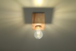 Lampa sufitowa Ariz Drewno 1-punktowa SL.0675 w kolorze naturalnego drewna, z okrągłą żarówką. Montowana na suficie, widoczna jest tekstura drewna oraz elegancki kształt oprawy, emitująca ciepłe światło tworzące delikatne cienie.
