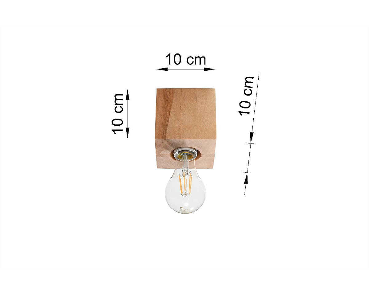 Lampa sufitowa Ariz Drewno 1-punktowa SL.0675 w kształcie sześcianu z naturalnego drewna, o wymiarach 10 cm x 10 cm, z widoczną żarówką w kształcie kropli. Ujęcie z góry, pokazujące szczegóły konstrukcji.