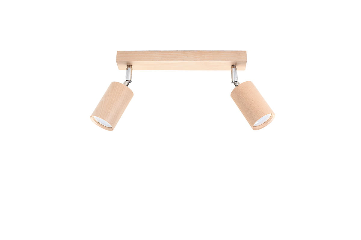 Berg lampa sufitowa 2-punktowa SL.0702 z drewnianą podstawą i dwoma cylindrycznymi kloszami w jasnym kolorze. Klosze są ruchome, montowane na metalowych ramionach, co umożliwia regulację kierunku światła. Lampa zamontowana na białym tle.