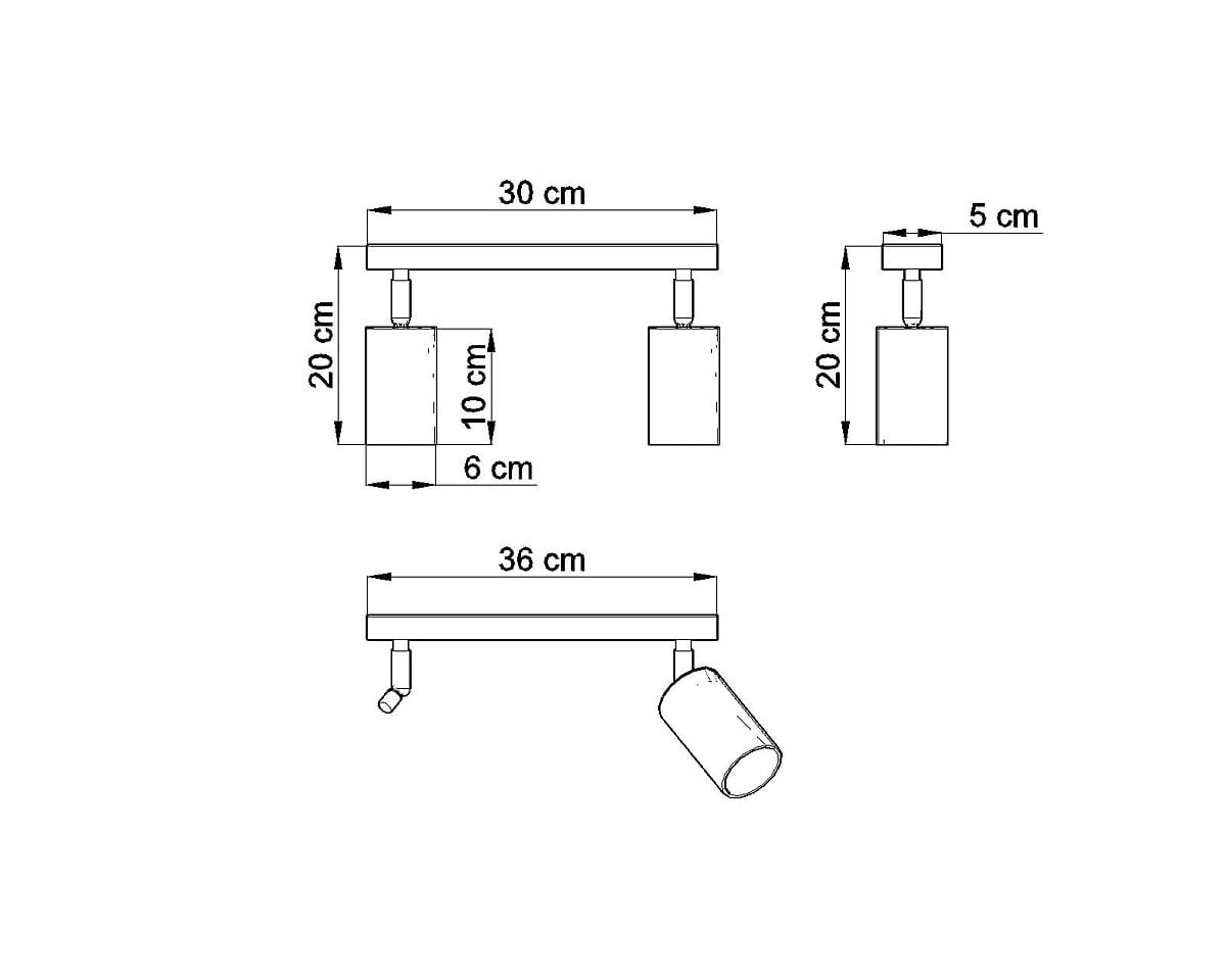 Lampa sufitowa Berg 2-punktowa z metalowymi oprawami. Wymiary: długość 36 cm, wysokość 20 cm, szerokość 6 cm. Dwa reflektory w kształcie cylindrów, montowane na prostokątnej podstawie. Prosta konstrukcja, idealna do nowoczesnych wnętrz.
