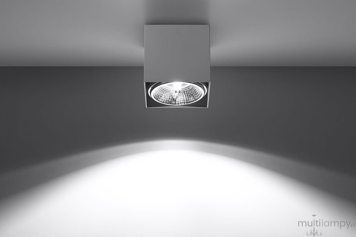 Lampa sufitowa Blake 1-punktowa w kolorze białym, o kwadratowym kształcie. Widoczna osłona z przezroczystym kloszem, emitującym światło w dół. Zainstalowana na suficie, na tle gładkiej, szarej powierzchni.