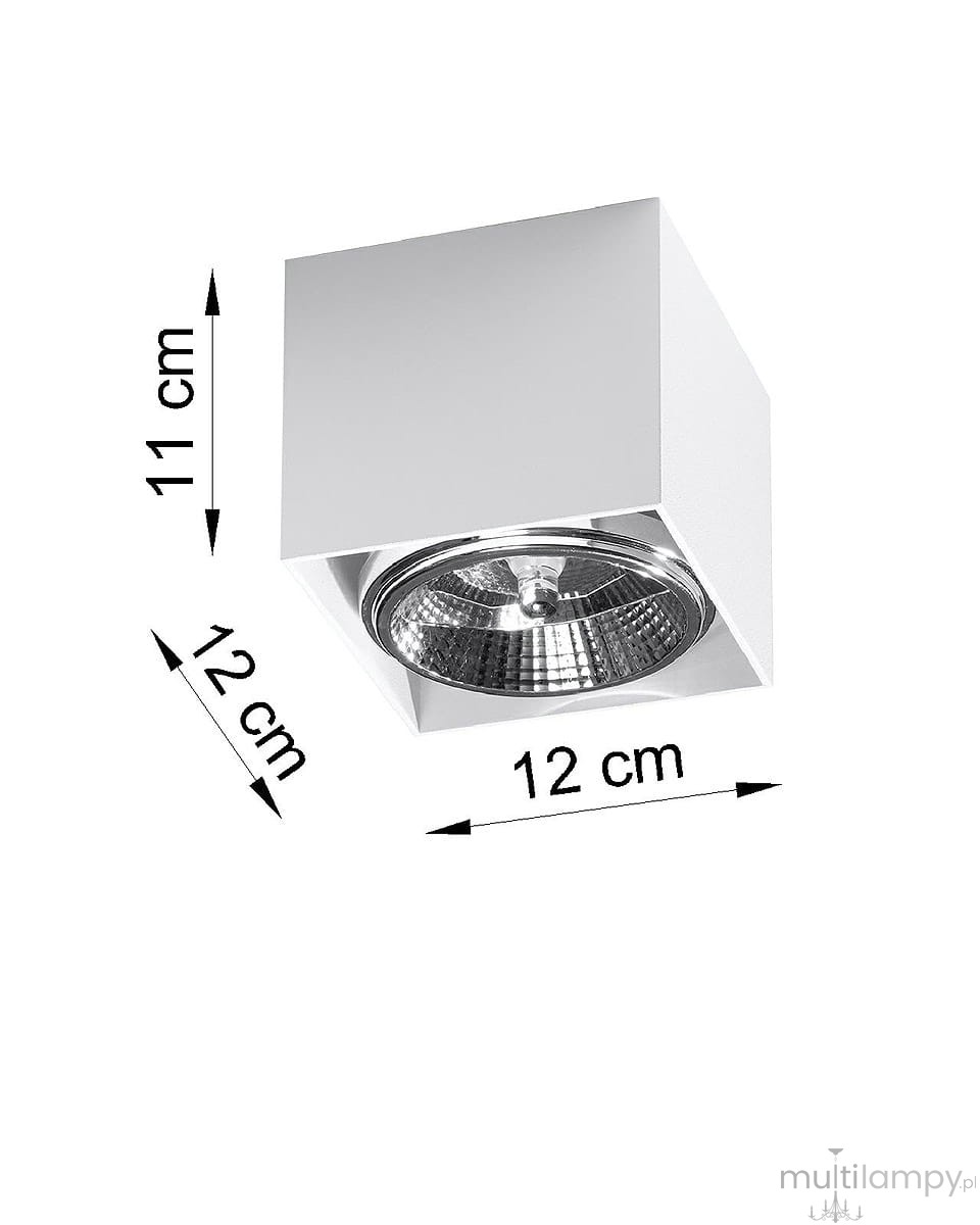 Biała lampa sufitowa 1-punktowa Blake, kwadratowa, z metalowym kloszem o średnicy 12 cm, wysokości 11 cm i głębokości 12 cm. Ujęcie z przodu, ukazujące lampa z wbudowanym źródłem światła.