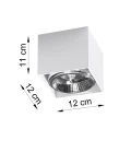 Biała lampa sufitowa 1-punktowa Blake, kwadratowa, z metalowym kloszem o średnicy 12 cm, wysokości 11 cm i głębokości 12 cm. Ujęcie z przodu, ukazujące lampa z wbudowanym źródłem światła.
