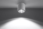 Biała lampa sufitowa 1-punktowa Tiube SL.0695, montowana pod sufitem, o cylindrycznym kształcie. Wyposażona w szklaną osłonę na żarówkę, emitującą światło w dół. Tło jasnoszare, z delikatnymi cieniami na ścianie.