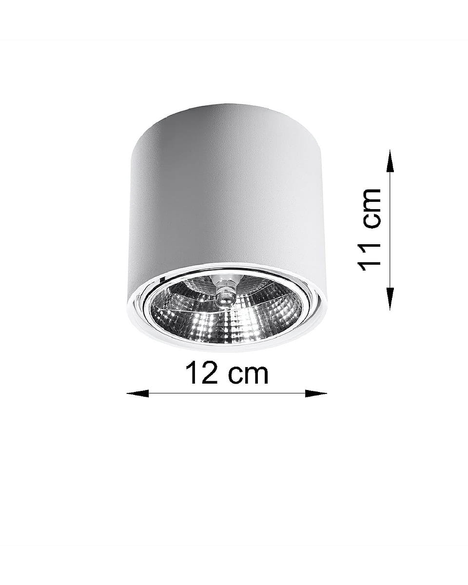 Biała lampa sufitowa 1-punktowa Tiube o cylindrycznym kształcie, z metalowym wykończeniem. Wymiary: średnica 12 cm, wysokość 11 cm. Ujęcie frontalne, ukazujące detal wnętrza lampy oraz jej montaż. Prosta, nowoczesna forma.