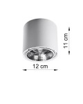 Biała lampa sufitowa 1-punktowa Tiube o cylindrycznym kształcie, z metalowym wykończeniem. Wymiary: średnica 12 cm, wysokość 11 cm. Ujęcie frontalne, ukazujące detal wnętrza lampy oraz jej montaż. Prosta, nowoczesna forma.