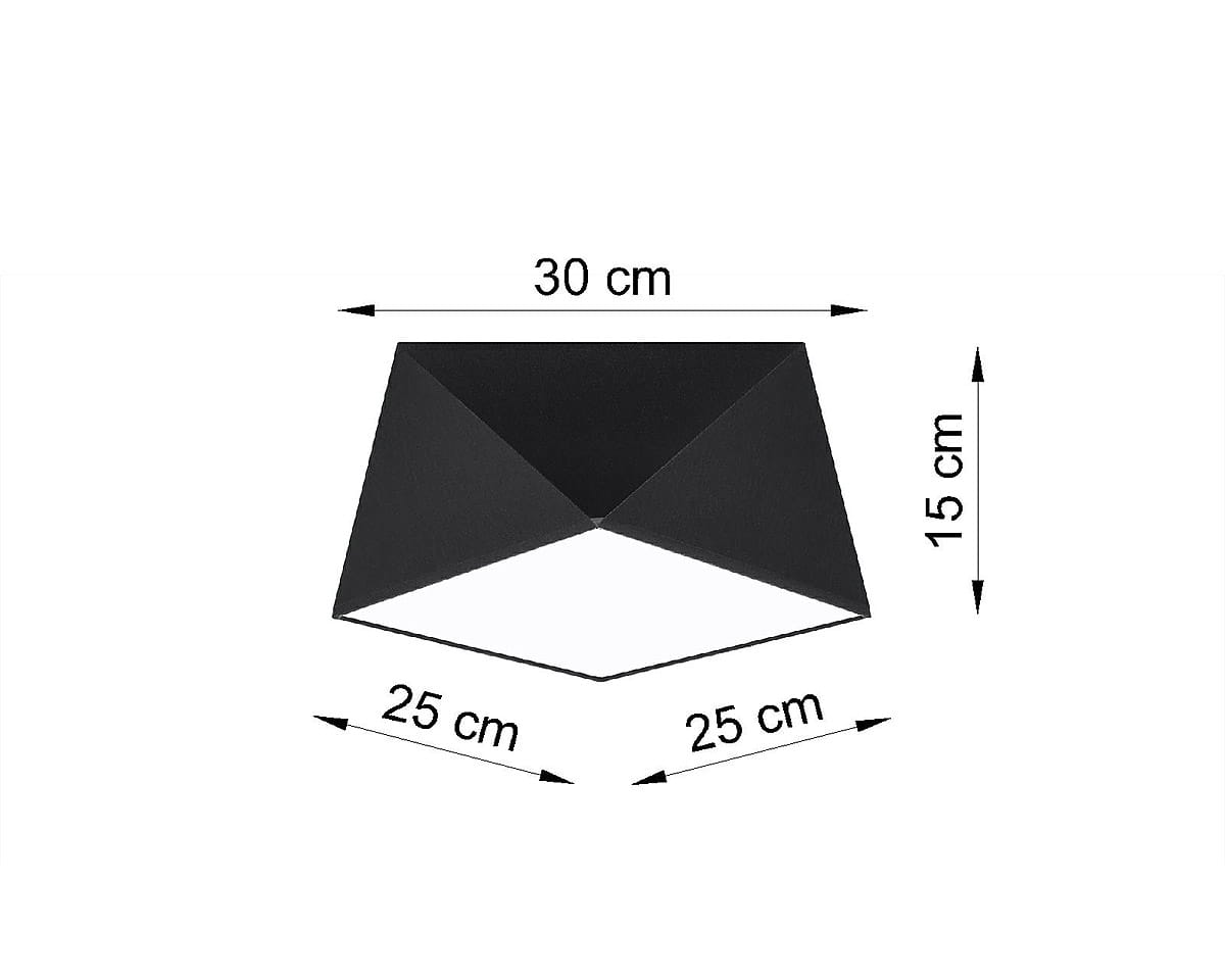 Plafon Hexa 25 w kolorze czarnym, o wymiarach 30 cm szerokości, 25 cm długości i 15 cm wysokości. Kształt wielokątny, z gładką matową powierzchnią. Ujęcie z góry, pokazujące wymiary produktu.
