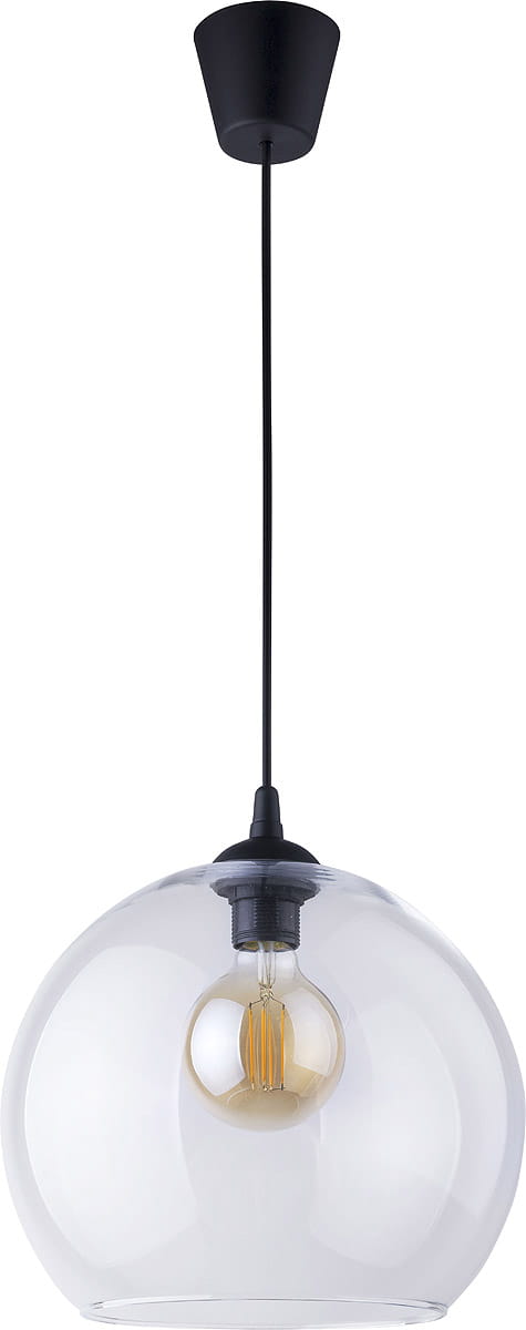 Lampa wisząca Cubus 1-punktowa w kształcie kulistym, z przezroczystym kloszem i czarnym mocowaniem. Zawieszona na cienkim przewodzie, z widoczną żarówką w środku. Idealna do nowoczesnych wnętrz.