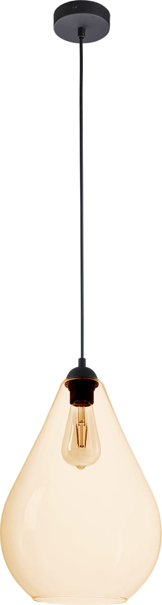 Lampa wisząca Fuente 1-punktowa w bursztynowym kolorze, o kształcie kropli, zawieszona na czarnym przewodzie. Widoczna żarówka, czarna podsufitka. Idealna do nowoczesnych wnętrz.