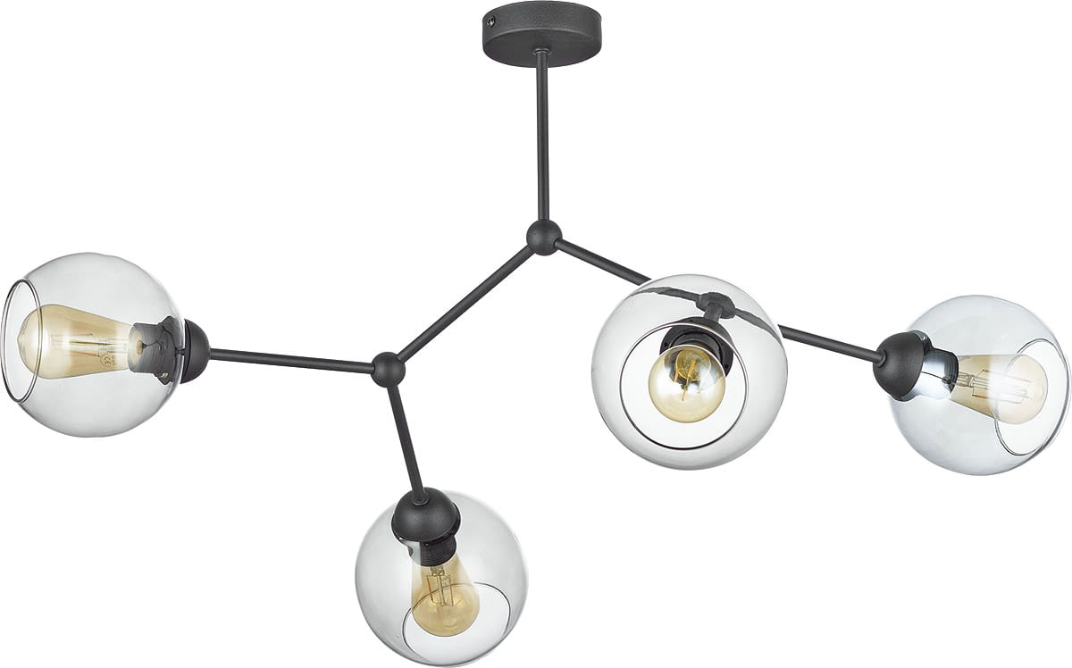 Lampa sufitowa Fairy w kolorze grafitowym i czarnym, z czterema przezroczystymi kloszami w kształcie kul. Ułożona w formie rozgałęzienia, z żarówkami widocznymi wewnątrz kloszy. Montaż na suficie, metalowa konstrukcja. Idealna do nowoczesnych wnętrz.