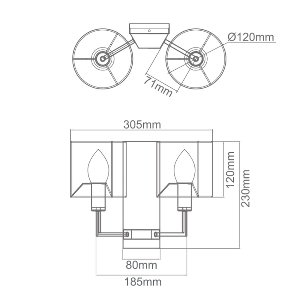 Kinkiet Casa Parette Cromo z dwoma punktami świetlnymi, w chromowanym wykończeniu. Wymiary: szerokość 305 mm, wysokość 230 mm, średnica osłon 120 mm. Elementy montażowe i kształt stylizowanych kloszy w formie łzy.