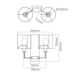 Kinkiet Casa Parette Cromo z dwoma punktami świetlnymi, w chromowanym wykończeniu. Wymiary: szerokość 305 mm, wysokość 230 mm, średnica osłon 120 mm. Elementy montażowe i kształt stylizowanych kloszy w formie łzy.