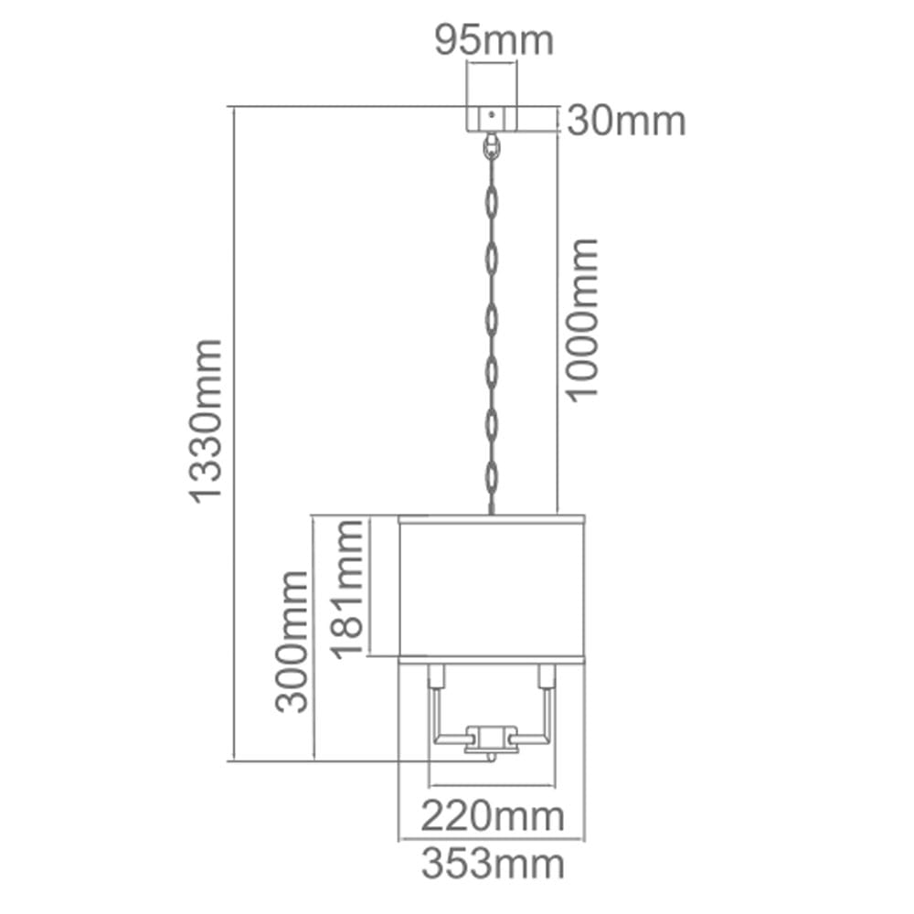 Żyrandol Casa Cromo S w kolorze chromu, 3-punktowy, z prostokątnym kloszem o wymiarach 220 mm x 181 mm. Wisi na łańcuchu o długości 1000 mm. Całkowita wysokość 1330 mm, montaż sufitowy, nowoczesny design.