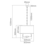 Żyrandol Casa Cromo M z sześcioma punktami świetlnymi, w kolorze chromu. Prosta, cylindryczna forma z łańcuchem mocującym. Wymiary: wysokość 1330 mm, szerokość 503 mm. Ujęcie z boku, pokazujące detal konstrukcji.