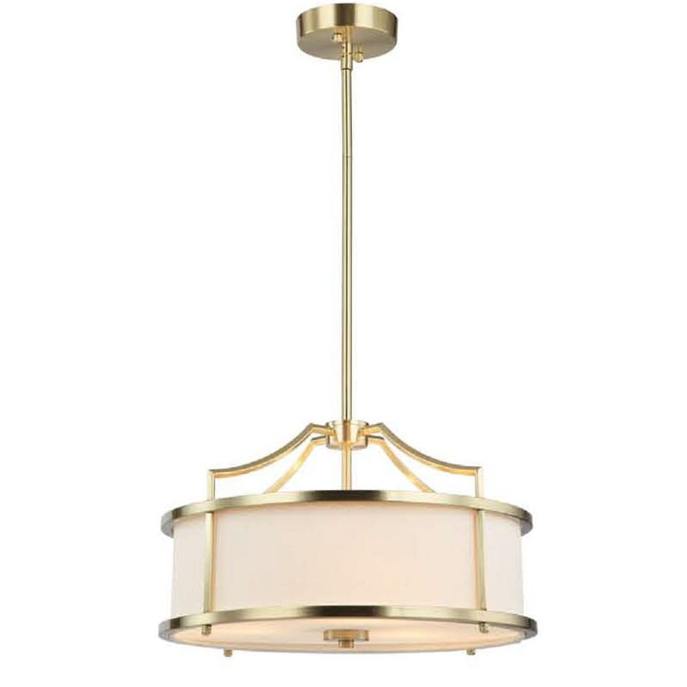 Lampa wisząca Stanza Gold S w złotym kolorze, 3-punktowa. Okrągła forma z białym abażurem i metalową ramą. Zawieszona na smukłym stelażu, z eleganckim wykończeniem. Idealna do nowoczesnych wnętrz.