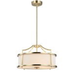 Lampa wisząca Stanza Gold S w złotym kolorze, 3-punktowa. Okrągła forma z białym abażurem i metalową ramą. Zawieszona na smukłym stelażu, z eleganckim wykończeniem. Idealna do nowoczesnych wnętrz.
