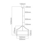 Lampa wisząca Stanza Gold M w kolorze złotym, czteropunktowa. Ma kształt stożkowy, z szerokim kloszem i długim zawieszeniem. Wymiary: wysokość 1234 mm, szerokość 550 mm, klosz 522 mm. Prosta, elegancka konstrukcja, idealna do nowoczesnych wnętrz.