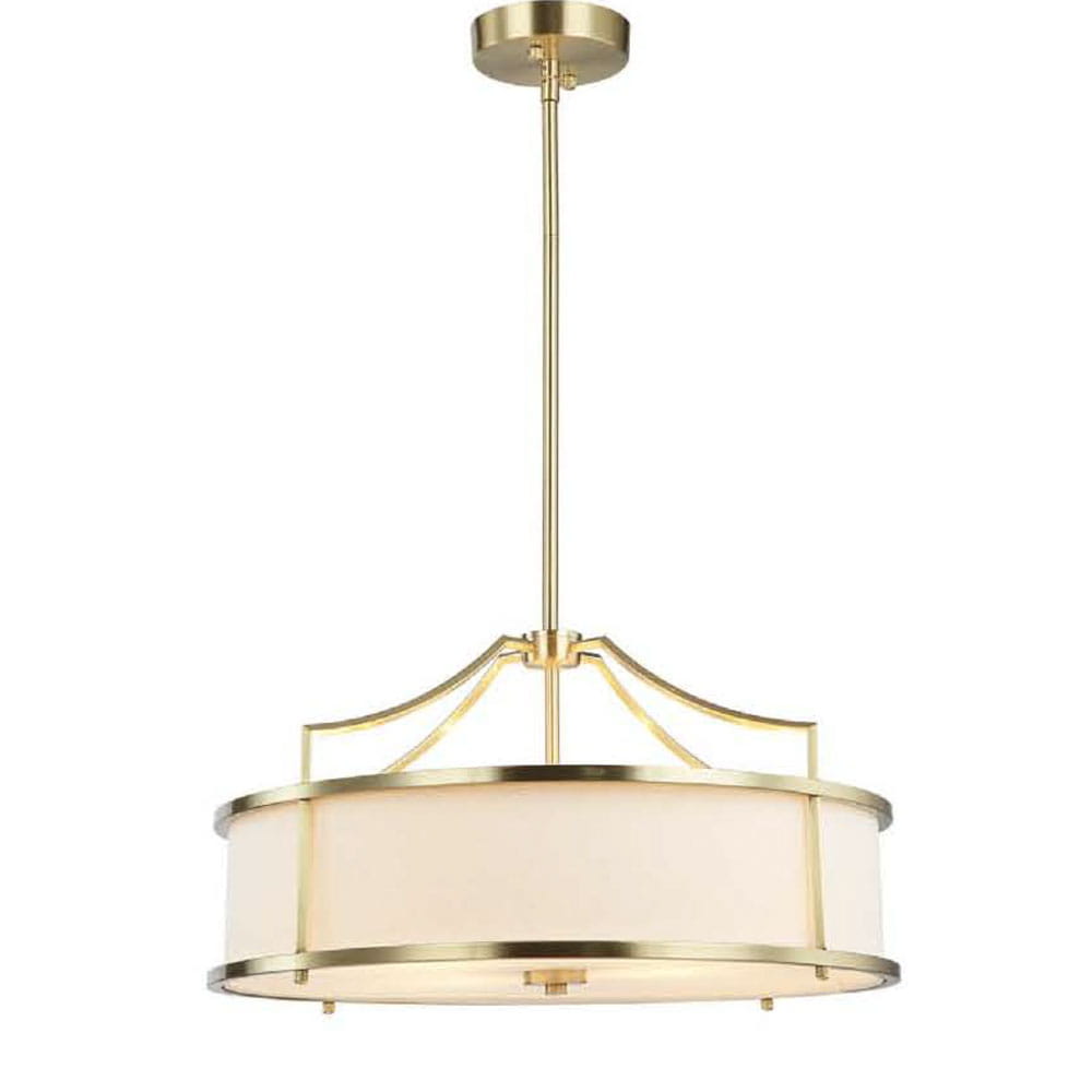 Lampa wisząca Stanza Gold M, 4-punktowa, wykonana z metalu w kolorze złotym. Okrągły klosz z białym materiałem oraz dekoracyjnymi detalami w złocie. Zawieszona na cienkim drucie, oferuje elegancki wygląd do nowoczesnych wnętrz.