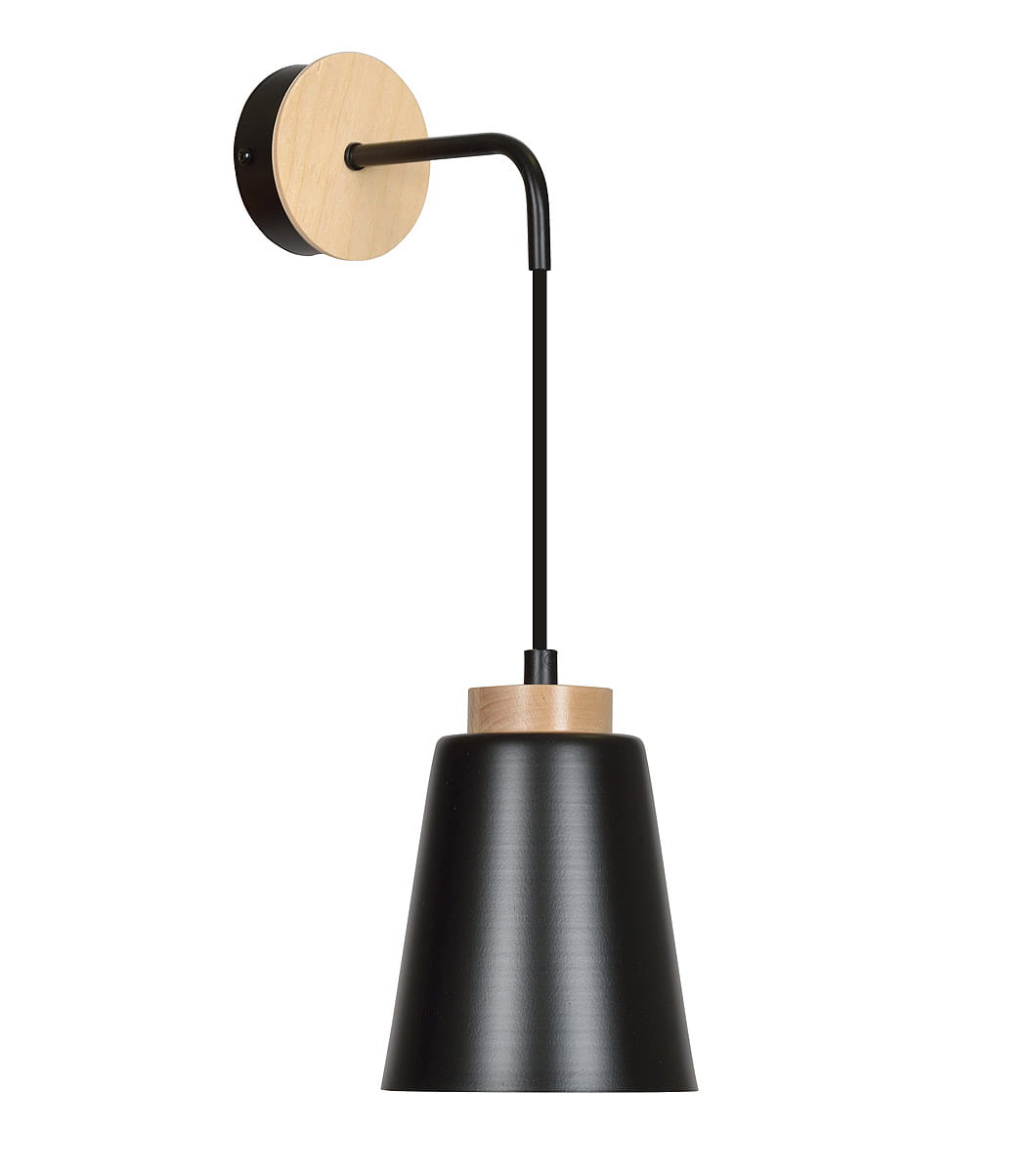Czarny kinkiet Bolero 1-punktowy z metalowym kloszem w kształcie dzwonu i drewnianą podstawą. Ujęcie boczne, produkt wiszący na czarnym przewodzie, z okrągłą, jasną osłoną montażową. Idealny do nowoczesnych aranżacji wnętrz.