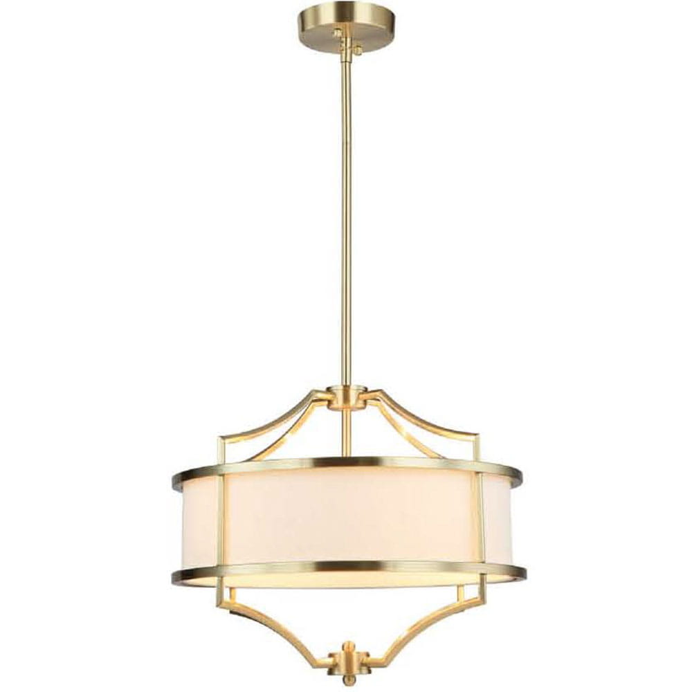Lampa wisząca Stesso Gold S w kolorze złotym, z czterema punktami świetlnymi. Okrągły klosz z białego materiału, otoczony złotą ramą. Ujęcie frontalne, zawieszona na cienkim, złotym przewodzie. Prosta konstrukcja z eleganckimi detalami.