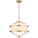 Lampa wisząca Stesso Gold S w kolorze złotym, z czterema punktami świetlnymi. Okrągły klosz z białego materiału, otoczony złotą ramą. Ujęcie frontalne, zawieszona na cienkim, złotym przewodzie. Prosta konstrukcja z eleganckimi detalami.