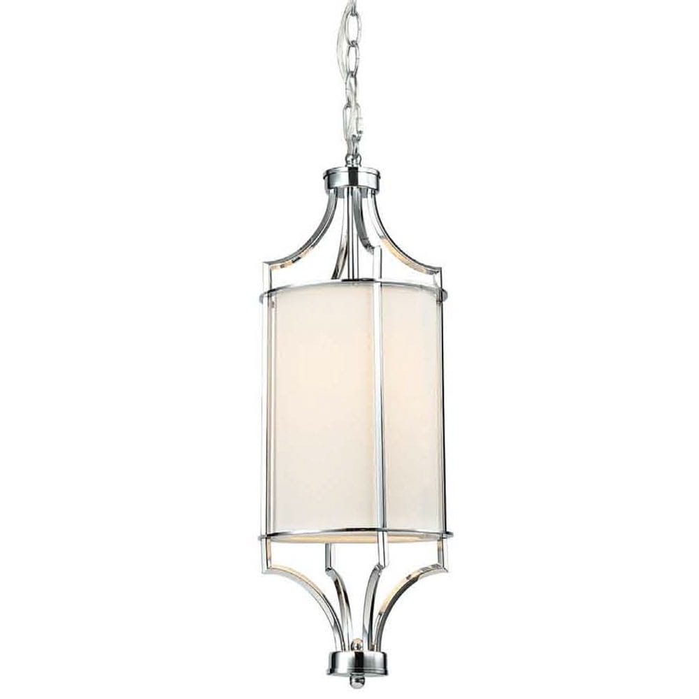 Lampa wisząca Lunga Cromo o jednolitym, chromowanym wykończeniu, z białym, opalizującym kloszem w kształcie prostokąta. Zawieszona na łańcuchu, z eleganckim, ozdobnym wykończeniem. Idealna do nowoczesnych wnętrz.