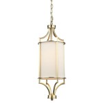 Lampa wisząca Lunga Gold z metalowym złotym stelażem i białym, owalnym kloszem. Zawieszona na łańcuchu, w kształcie prostokątnym. Idealna do aranżacji wnętrz, minimalistyczna forma podkreśla elegancję.