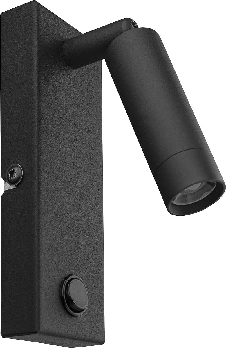 Czarny kinkiet LED Enzo 1-punktowy z metalowym korpusem. Ustawiony pod kątem, z okrągłym kloszem, widoczny przycisk włącznika. Prosta, matowa faktura, minimalistyczny design, idealny do nowoczesnych wnętrz.