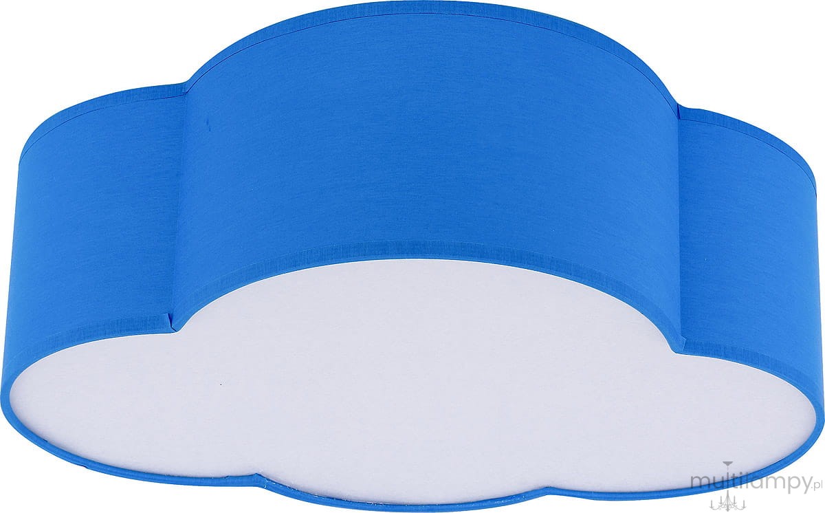 Mini plafon Cloud w kształcie chmury, niebieski. Produkt ma zaokrąglone krawędzie, matową powierzchnię i białą dolną część. Ujęcie z góry, pokazujące jego kształt i kolor. Idealny do dziecięcego pokoju lub jako dekoracja.