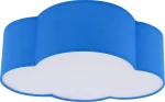 Mini plafon Cloud w kształcie chmury, niebieski. Produkt ma zaokrąglone krawędzie, matową powierzchnię i białą dolną część. Ujęcie z góry, pokazujące jego kształt i kolor. Idealny do dziecięcego pokoju lub jako dekoracja.