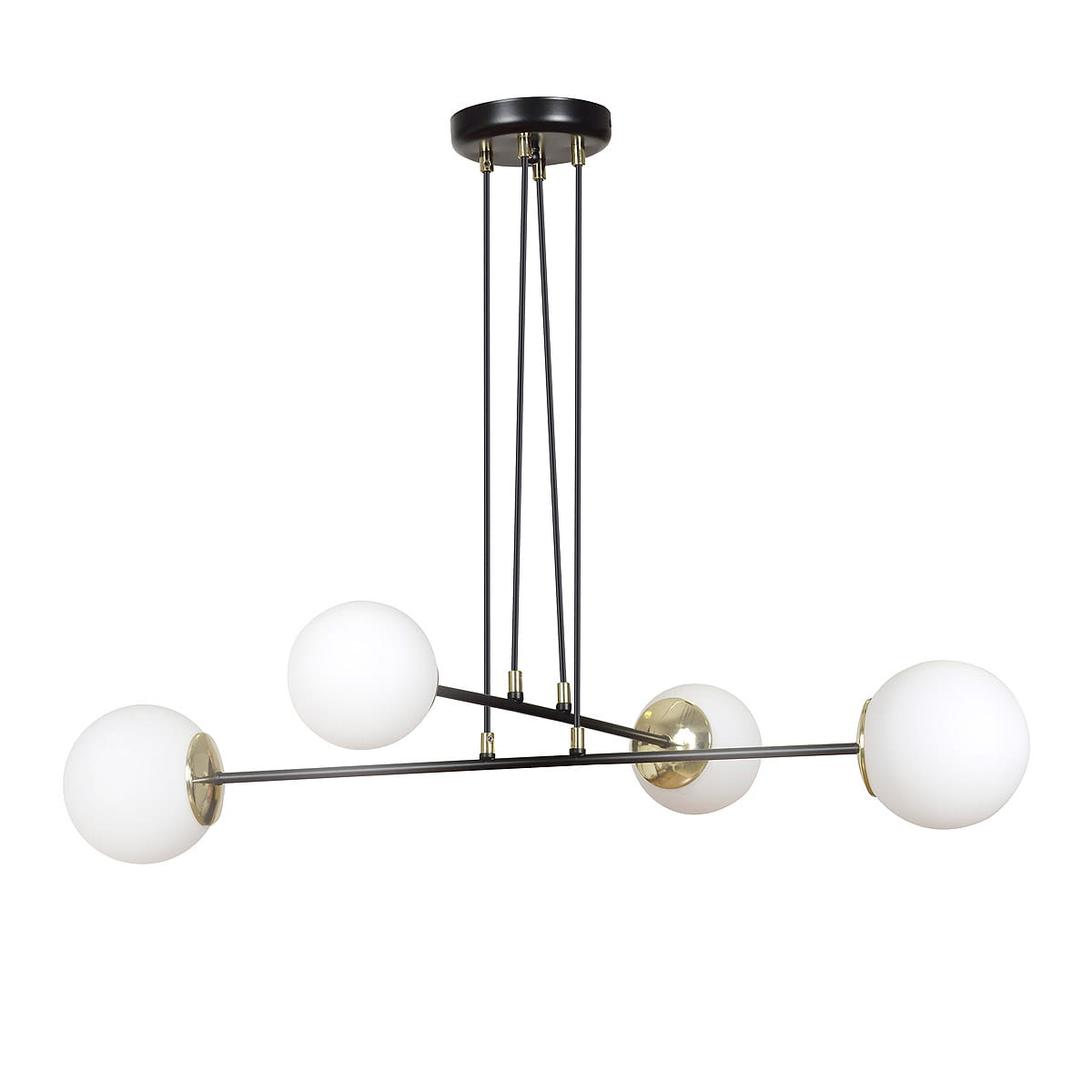 Czarna lampa wisząca Ognis 4-punktowa z białymi, okrągłymi kloszami. Produkt zawieszony na cienkich, czarnych linkach, z metalowym wykończeniem w kolorze złotym. Ujęcie z dołu, ukazujące wszystkie cztery źródła światła.