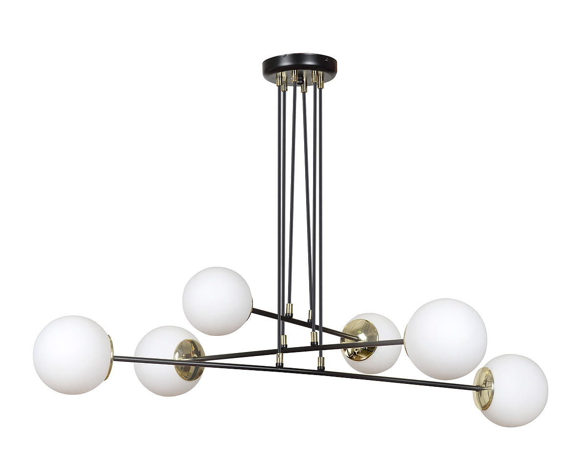 Lampa wisząca Ognis 6-punktowa w kolorze czarnym, z sześcioma białymi kulistymi kloszami. Konstrukcja z metalowych prętów, z elementami w kolorze złotym. Ujęcie z dołu, ukazujące elegancki, nowoczesny design oraz położenie kloszy w różnych kierunkach.