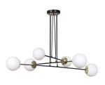 Lampa wisząca Ognis 6-punktowa w kolorze czarnym, z sześcioma białymi kulistymi kloszami. Konstrukcja z metalowych prętów, z elementami w kolorze złotym. Ujęcie z dołu, ukazujące elegancki, nowoczesny design oraz położenie kloszy w różnych kierunkach.