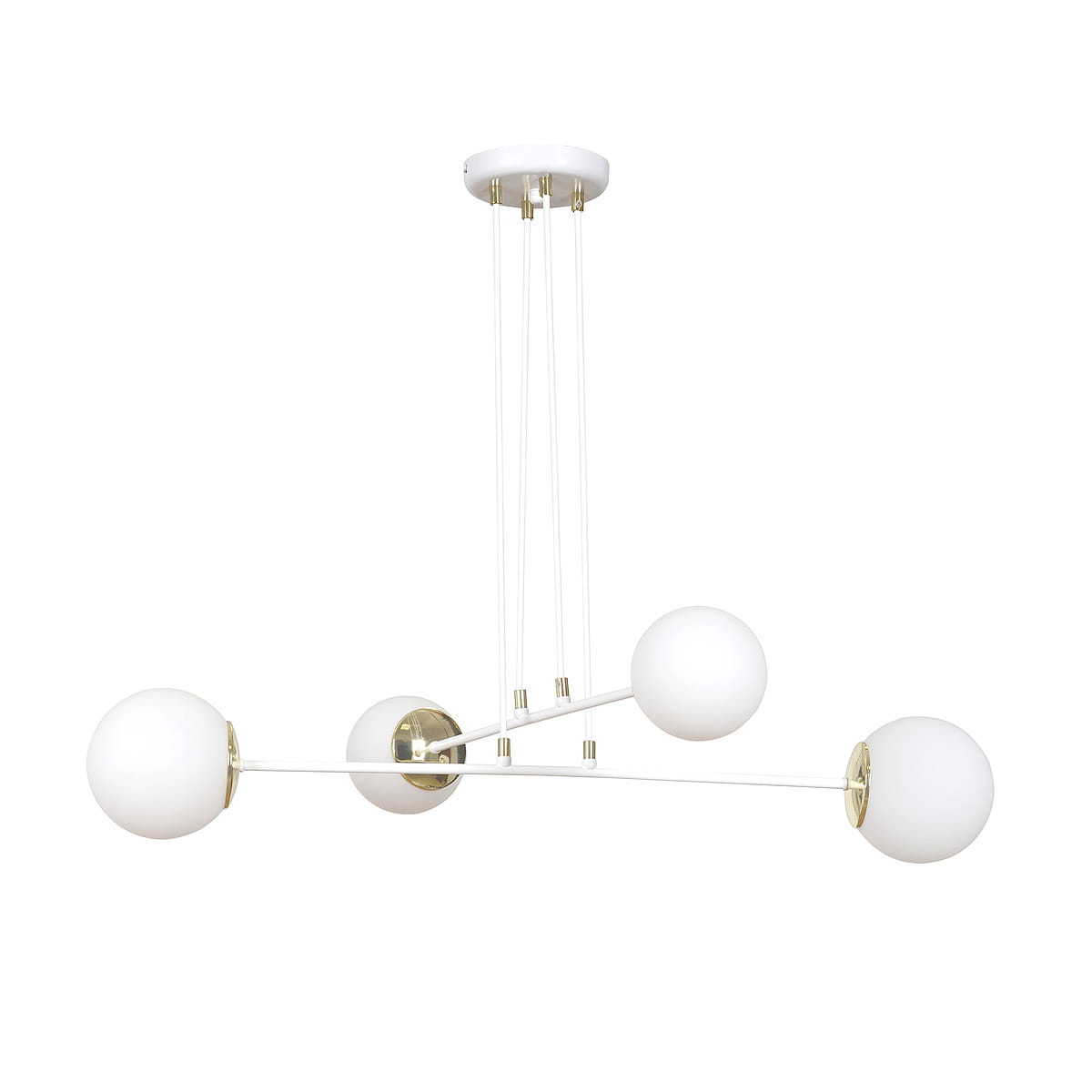 Lampa wisząca Ognis 4-punktowa w białym kolorze z czterema kulistymi kloszami. Konstrukcja z metalowymi detalami w kolorze złotym. Produkt zawieszony na cienkich linkach, w minimalistycznym stylu, idealny do nowoczesnych wnętrz.