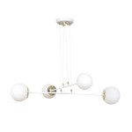 Lampa wisząca Ognis 4-punktowa w białym kolorze z czterema kulistymi kloszami. Konstrukcja z metalowymi detalami w kolorze złotym. Produkt zawieszony na cienkich linkach, w minimalistycznym stylu, idealny do nowoczesnych wnętrz.