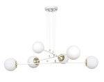 Lampa wisząca Ognis 6-punktowa w kolorze białym z sześcioma okrągłymi kloszami z mlecznego szkła. Metalowa konstrukcja w kolorze białym z elementami złotymi, zawieszona na cienkich linkach. Produkt w ułożeniu wiszącym, widoczny z dołu.