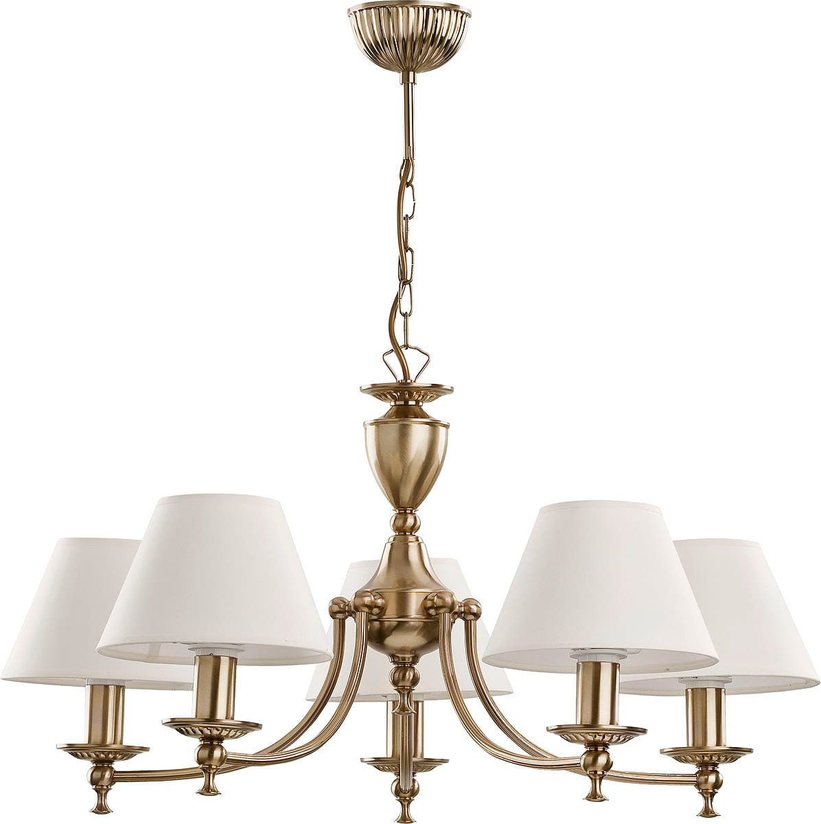 Żyrandol Sofia 5-punktowy w kolorze złotym, z pięcioma białymi kloszami w kształcie stożka. Posiada elegancką, metalową konstrukcję z ozdobnymi detalami. Zawieszony na długim łańcuchu, idealny do przestronnych wnętrz.