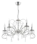 Żyrandol Astor 5-punktowy w kolorze chromu. Posiada pięć lamp w kształcie świec, ozdobionych kryształowymi zwisami. Ujęcie z dołu, widoczny detal konstrukcji i dekoracji. Idealny do eleganckich wnętrz.