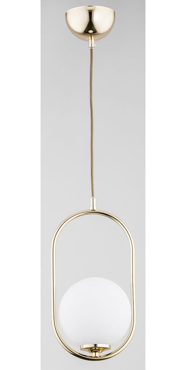 Lampa wisząca Noval M 1-punktowa z metalowym, złotym stelażem i białą, okrągłą kloszem. Produkt zawieszony na cienkim przewodzie, w frontalnym ujęciu, na jednolitym tle. Klosz umieszczony w okrągłej ramie, podkreślający minimalistyczny design.