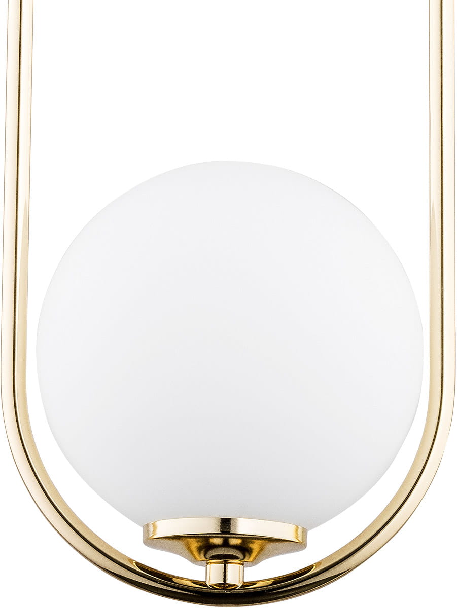 Lampa wisząca Noval L, 1-punktowa, w kolorze złotym z białym, okrągłym kloszem. Produkt zawieszony w pionie, ukazuje elegancki kształt i połączenie metalu z szkłem. Klosz jest gładki, o matowej powierzchni.