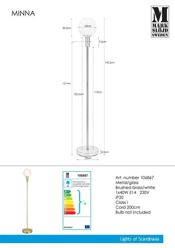 Lampa podłogowa Minna z mosiądzu, o wysokości 145,5 cm, z okrągłym kloszem o średnicy 20 cm. Stojąca na okrągłej podstawie o średnicy 22 cm. Posiada 200 cm przewodu. Wykonana z metalu i szkła, klasyfikacja IP20.