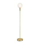 Lampa podłogowa Minna w kolorze mosiądzu, z okrągłą, mleczną kulą na górze. Stojąca konstrukcja z cienką, prostą nogą i okrągłą podstawą. Produkt prezentowany na białym tle.