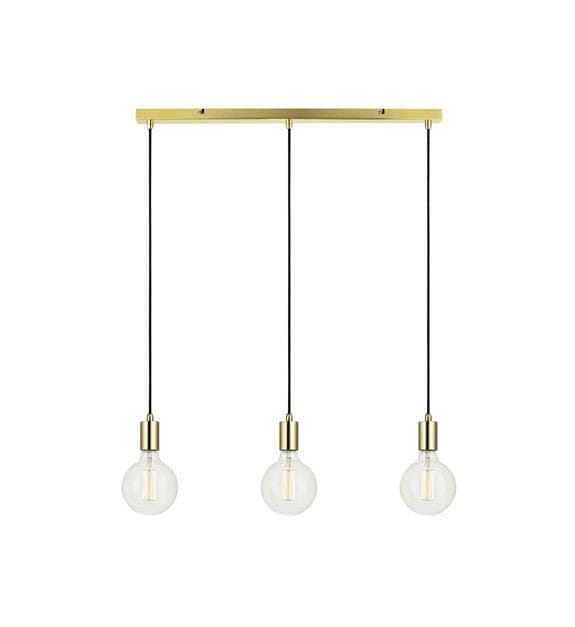Lampa wisząca Sky 3-punktowa w kolorze złotym, z trzema okrągłymi kloszami z przezroczystego szkła. Złota podstawa z czarnymi przewodami, zawieszona poziomo. Elegancki design, idealna do nowoczesnych wnętrz.
