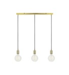 Lampa wisząca Sky 3-punktowa w kolorze złotym, z trzema okrągłymi kloszami z przezroczystego szkła. Złota podstawa z czarnymi przewodami, zawieszona poziomo. Elegancki design, idealna do nowoczesnych wnętrz.