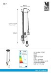 Lampa wisząca Sky, 5-punktowa, czarna. Metalowa konstrukcja z pięcioma zwisającymi oprawkami na żarówki. Wymiary: średnica 32 cm, wysokość 145 cm. Kabel tekstylny o długości 150 cm. Żarówki nie są dołączone.
