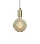 Lampa wisząca Sky 1-punktowa w kolorze złotym, z przezroczystą kulistą żarówką. Ujęcie frontalne, widoczny metalowy uchwyt. Długość kabla i detal żarówki podkreślają jej nowoczesny design. Idealna do stylowych wnętrz.